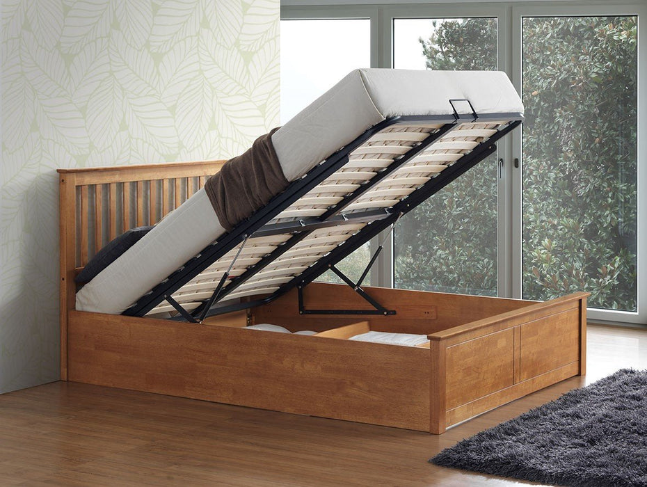 Oak wooden ottoman bed with storage.
