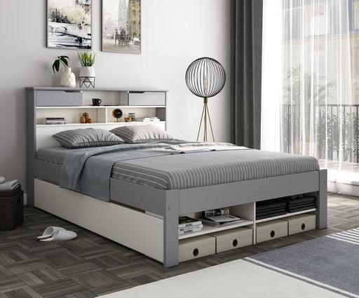 Grey and white wooden guest bed.