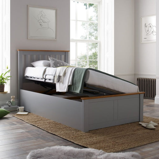 Grey wooden ottoman single bed with storage.