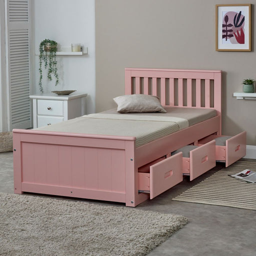 Pink wooden storage single cabin bed.