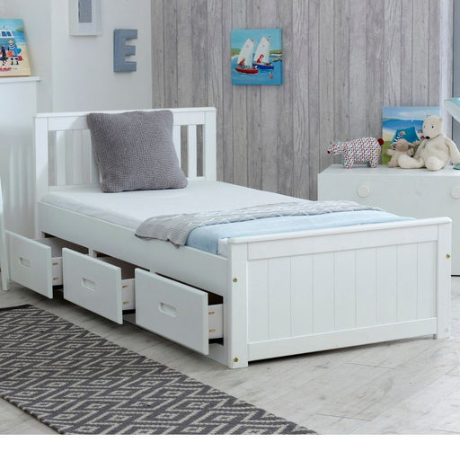 White wooden storage single cabin bed.