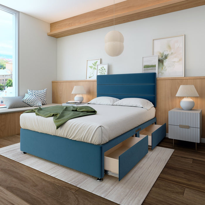 Rest RelaxRest Relax Sleep Plush Velvet Marine Blue Divan Bed with Headboard & Storage Options - Rest Relax
